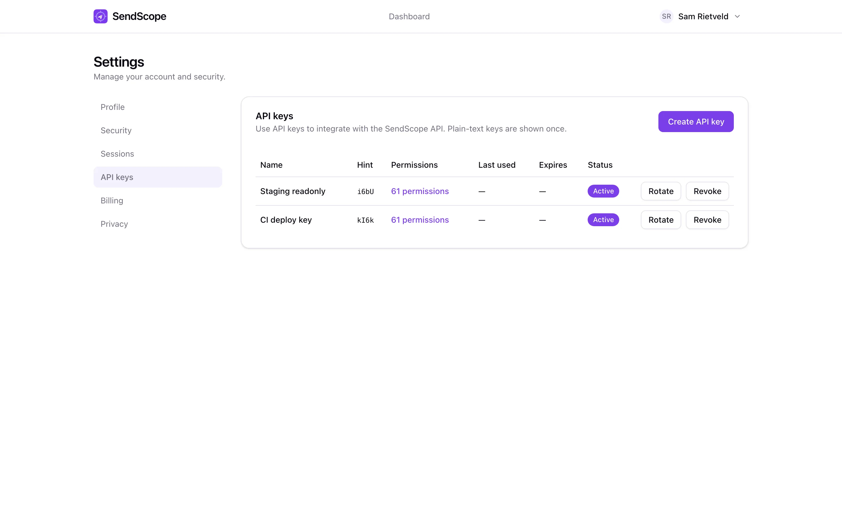 API key management with creation, scoped permissions and rotation