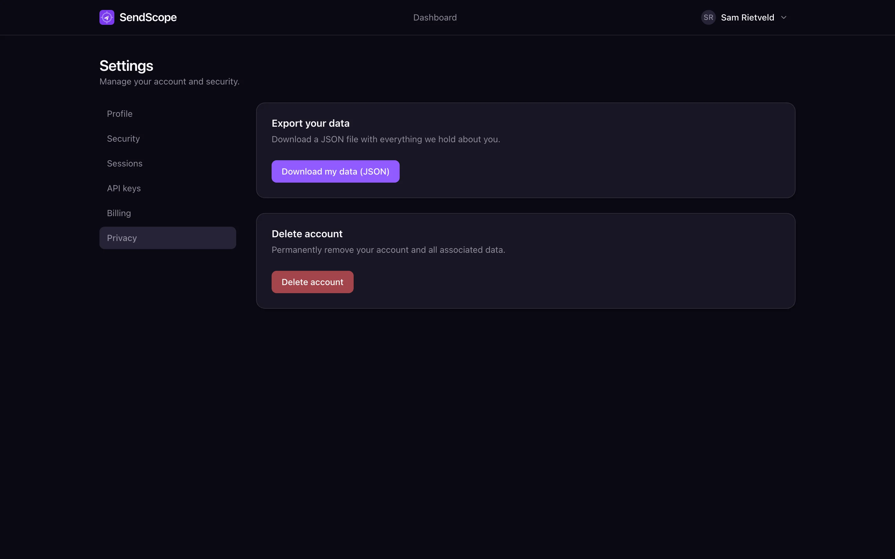 Privacy settings with data export and account deletion