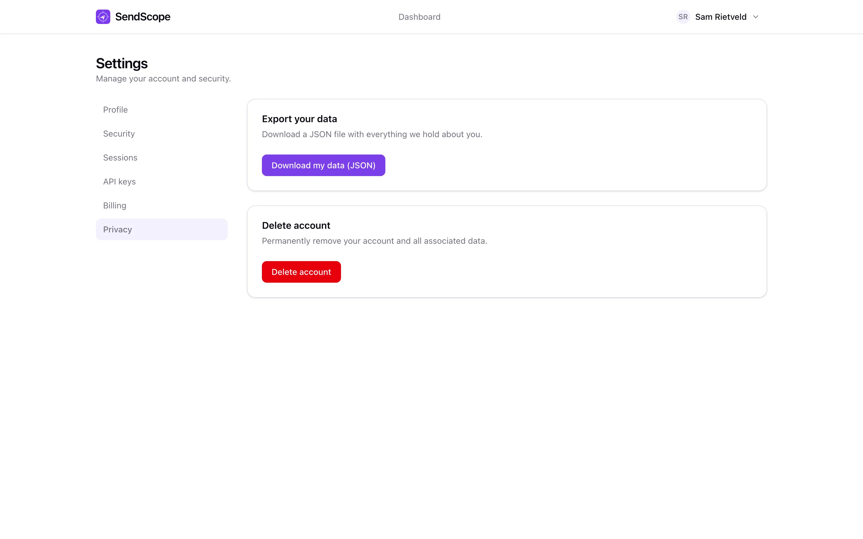 Privacy settings with data export and account deletion