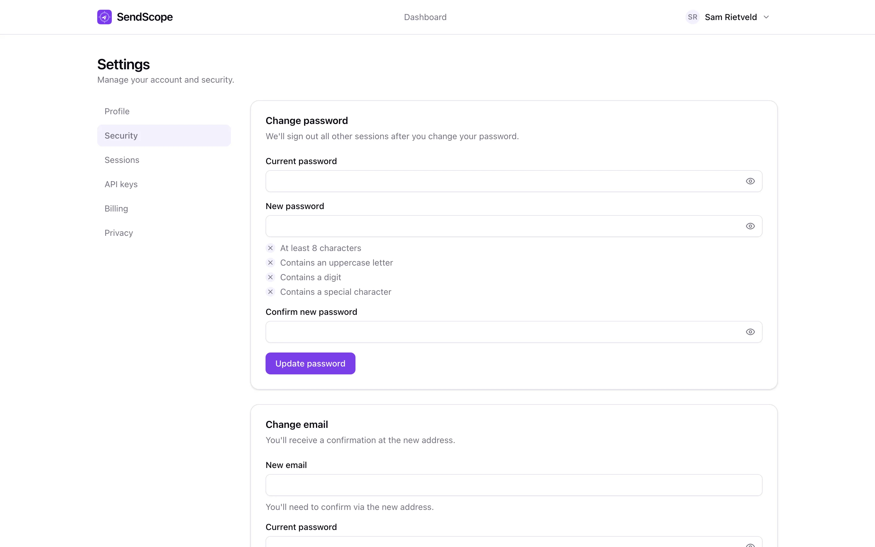 Security settings with password, email, two-factor, passkeys and linked accounts