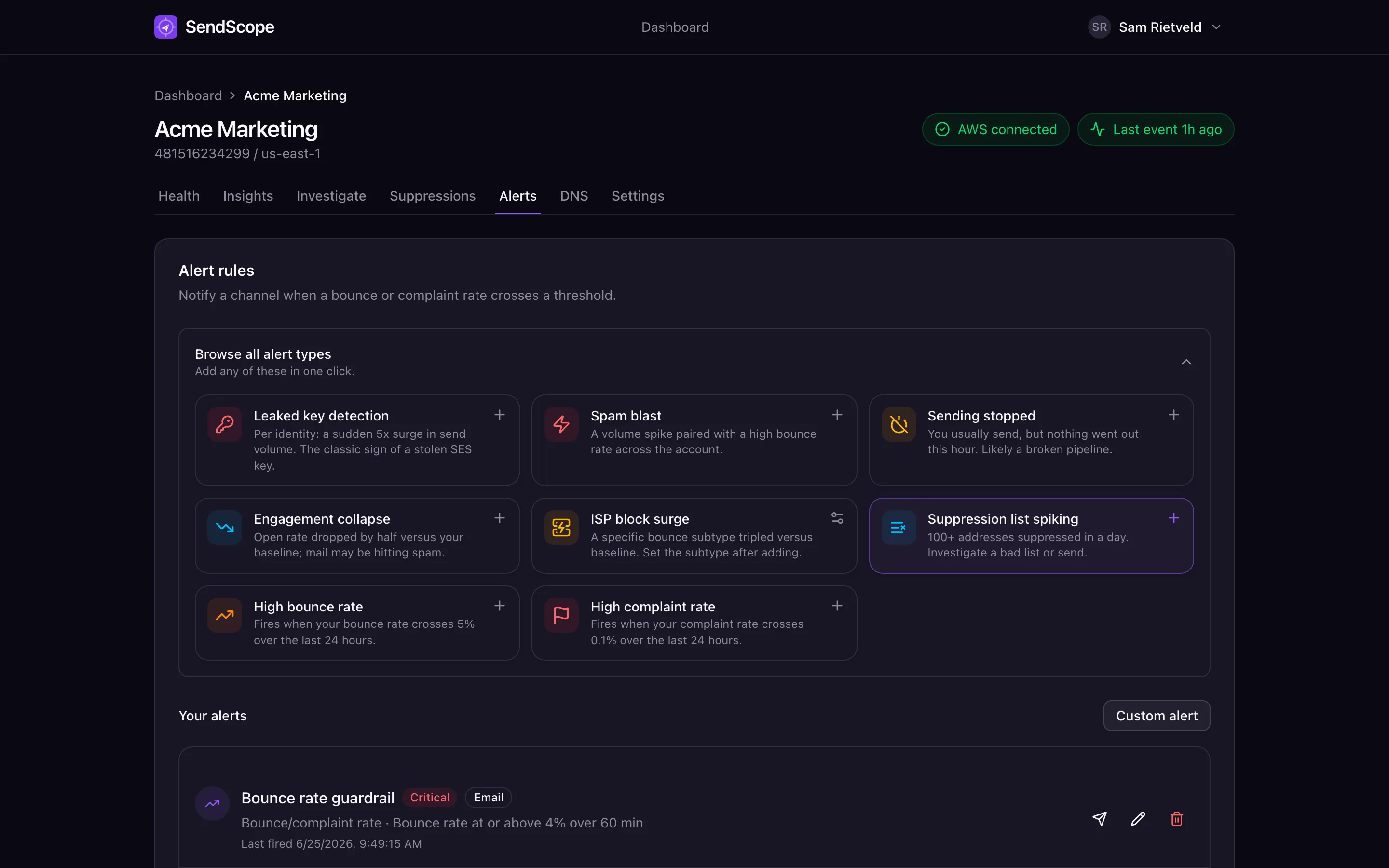 Alert rules to Slack, email and webhooks, scheduled digests and an alert history feed
