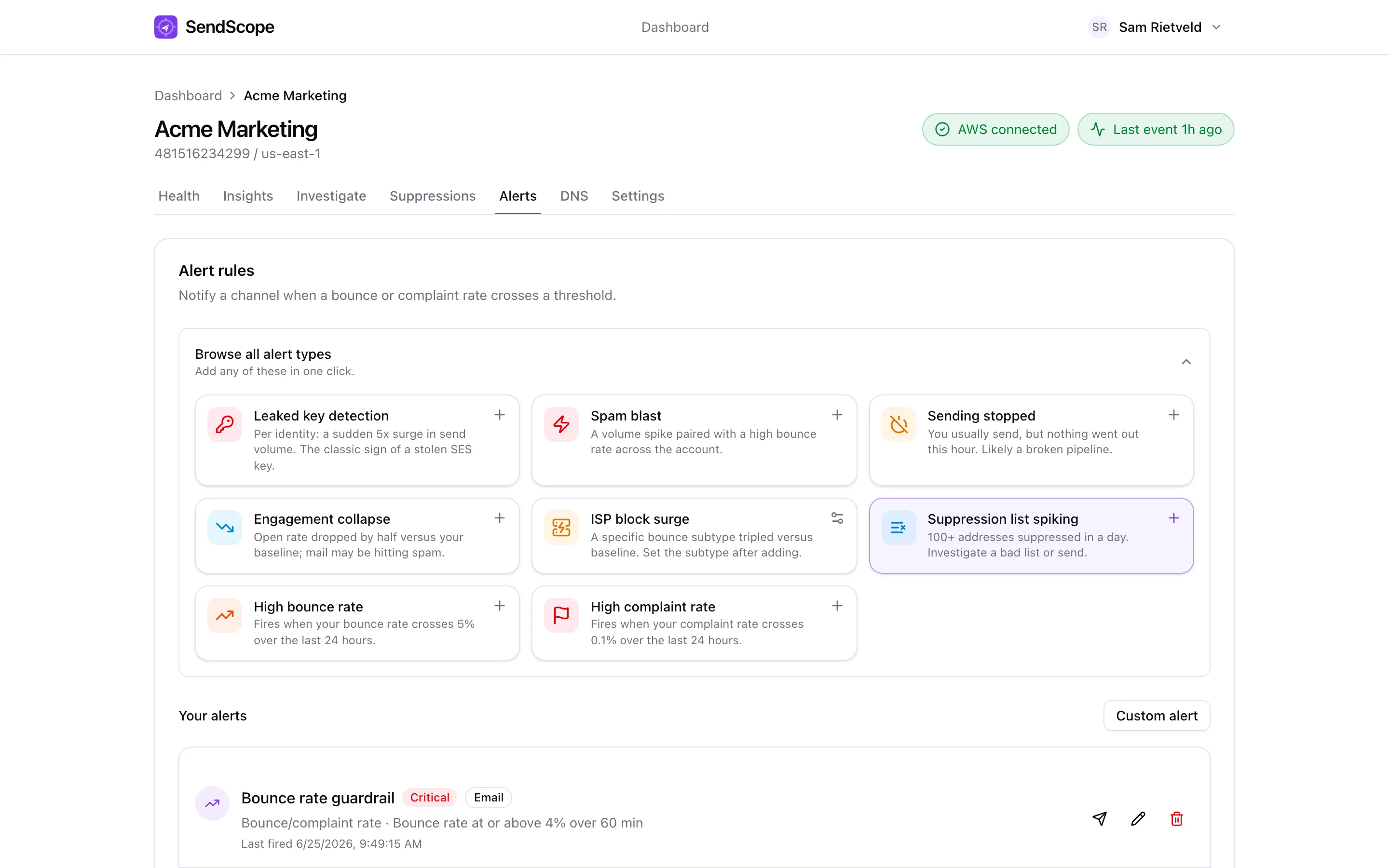 Alert rules to Slack, email and webhooks, scheduled digests and an alert history feed