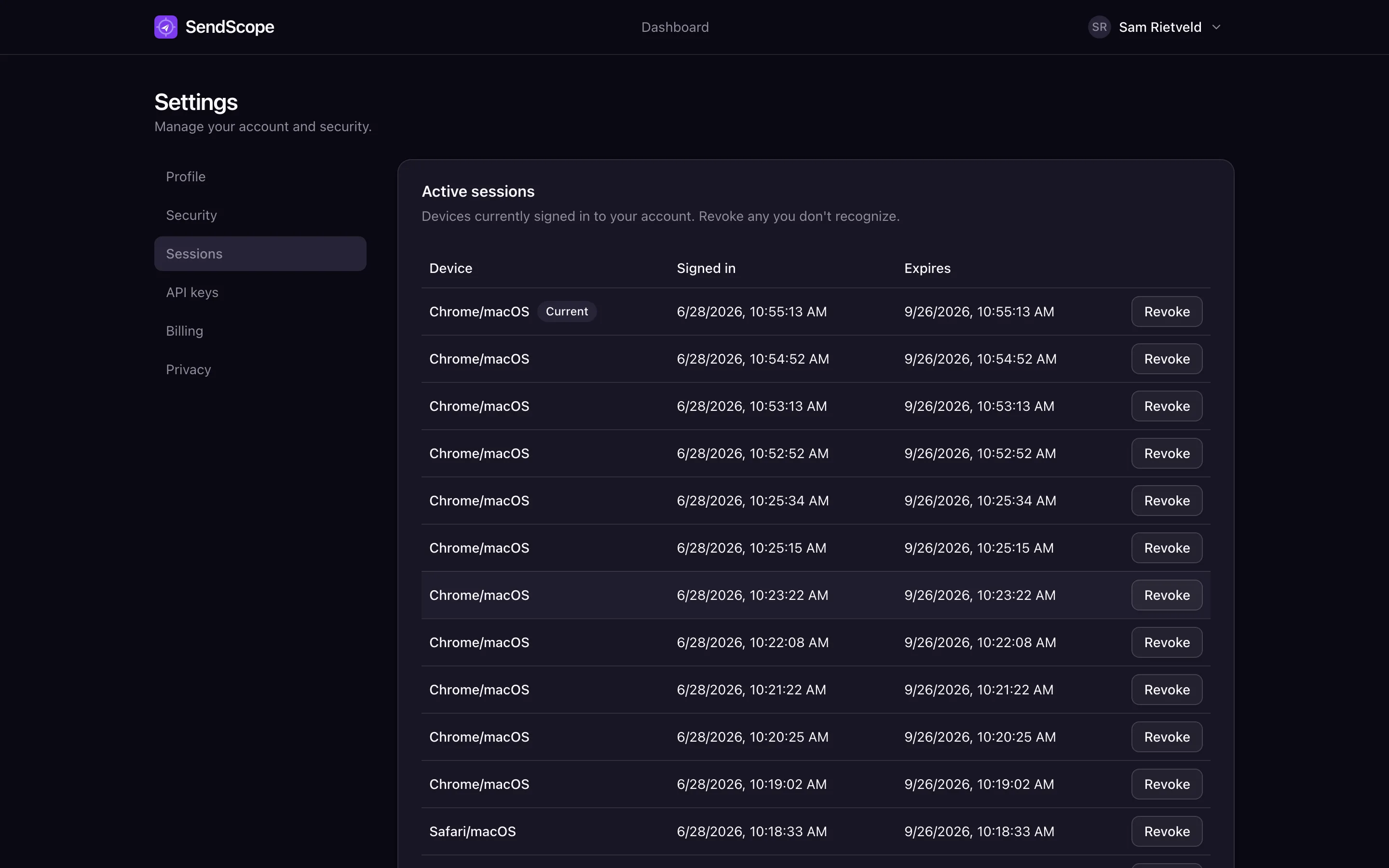Active session list with device names and revocation