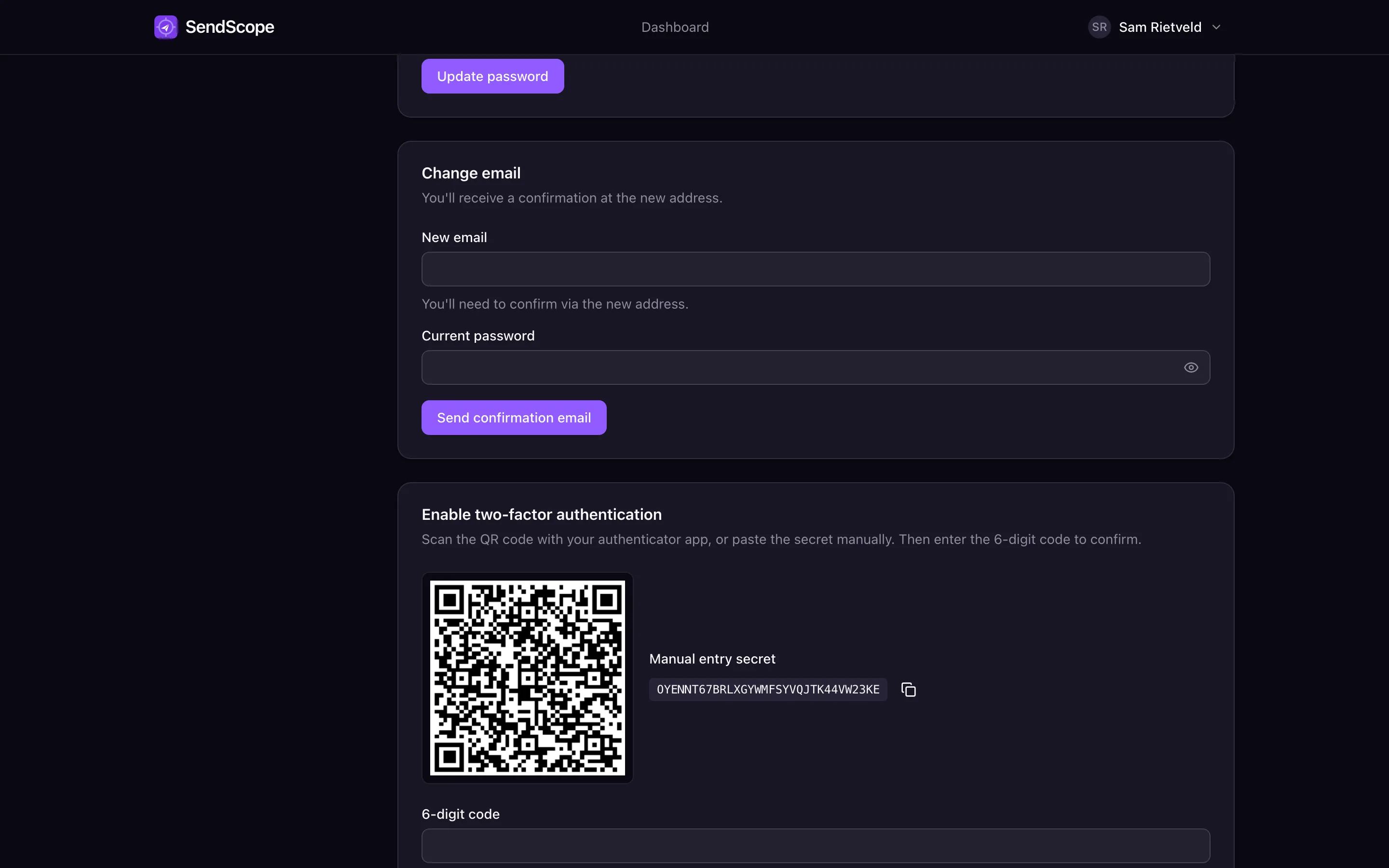 TOTP two-factor setup dialog with QR code and manual secret