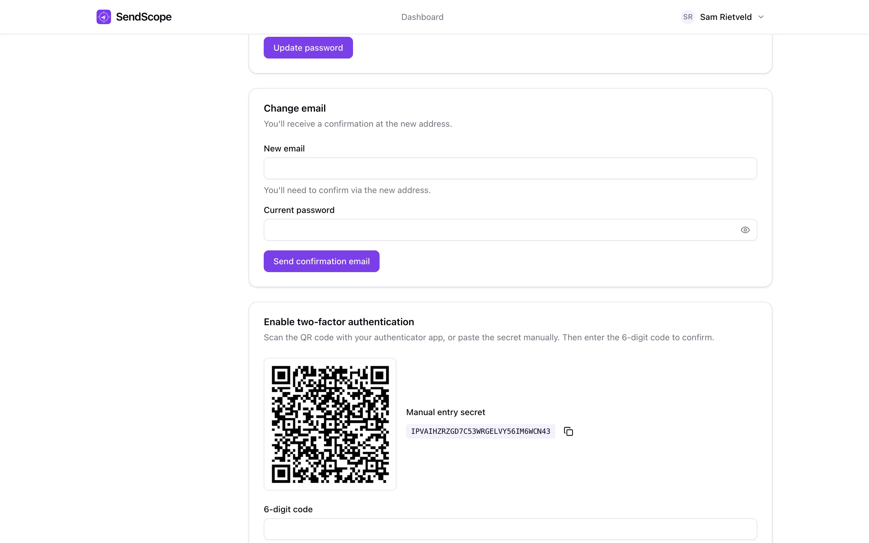 TOTP two-factor setup dialog with QR code and manual secret